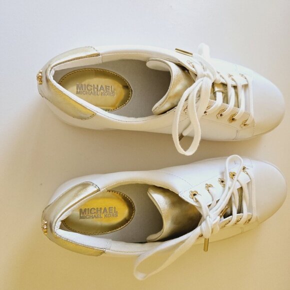 Michael Kors Women’s Lace Up Sneaker Irving Optic White Gold Leather Size 9M/39M - Picture 7 of 16